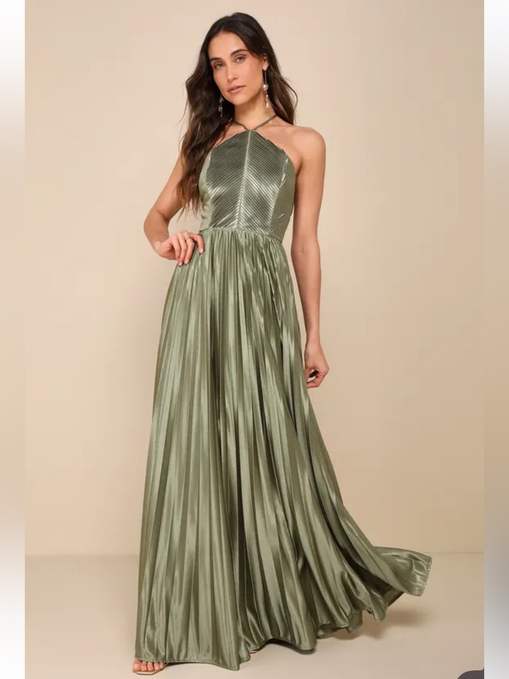 NWT Lulus Elaborate Charm Olive Green Satin Pleated Backless Maxi Dress